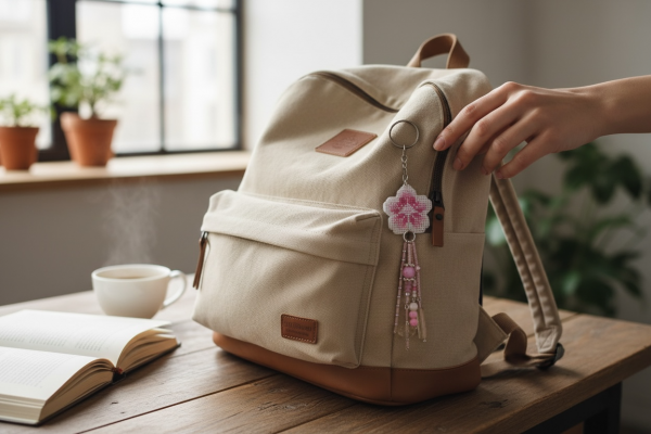 Amuleto bordado a punto de cruz con flor de cerezo rosa hecho a mano