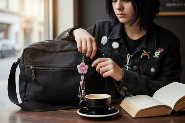 Amuleto bordado a punto de cruz con flor de cerezo rosa hecho a mano