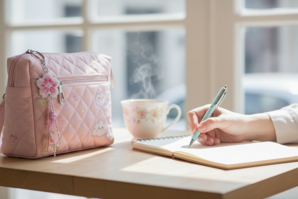 Amuleto bordado a punto de cruz con flor de cerezo rosa hecho a mano
