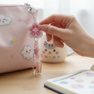 Amuleto bordado a punto de cruz con flor de cerezo rosa hecho a mano