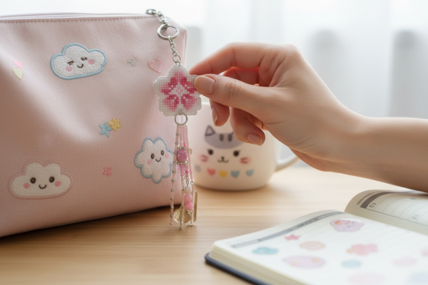 Amuleto bordado a punto de cruz con flor de cerezo rosa hecho a mano