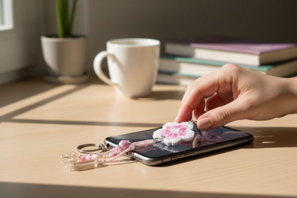 Amuleto bordado a punto de cruz con flor de cerezo rosa hecho a mano