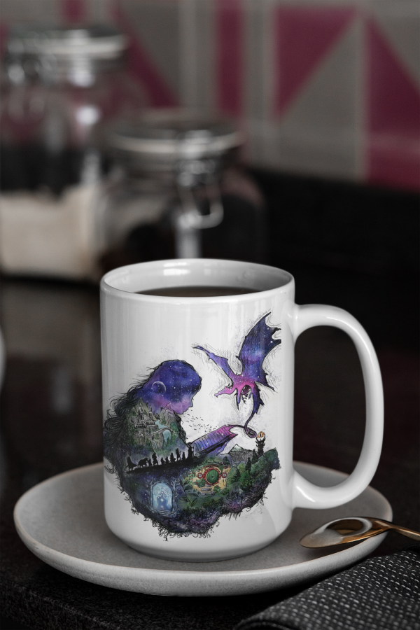 Taza con ilustración "Leyendo a Tolkien"
